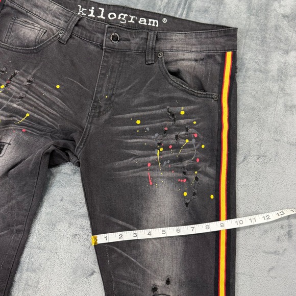 Kilogram Mens Distressed Paint Splatter Fade Side Stripe Jeans Black Size 36X31 - Picture 5 of 10